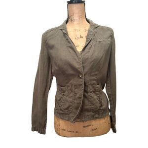 Caslon‎ 100% Linen Army Jacket Olive Green Fatigues Utility Size XS Petite